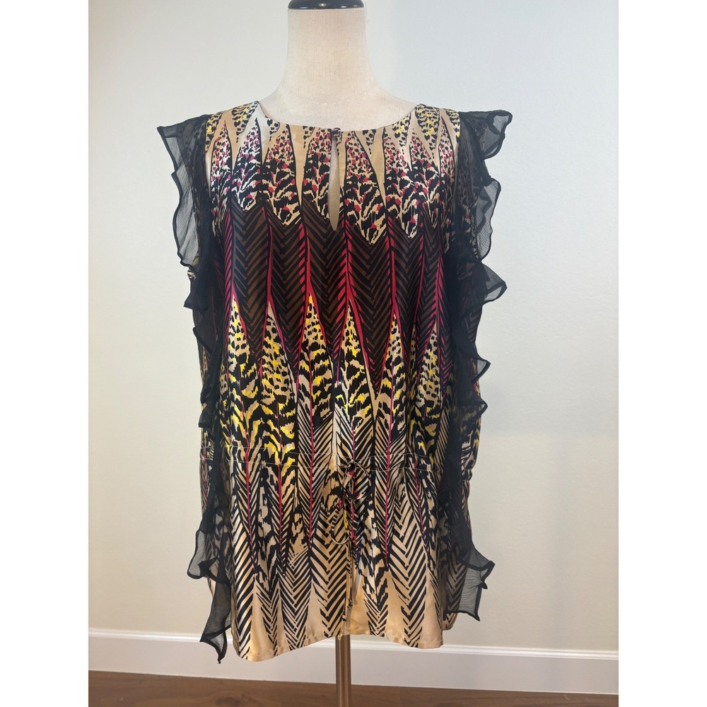 NWT Postella Silk Top Womens Large Animal Feather Print Ruffle Boho Chic Resort